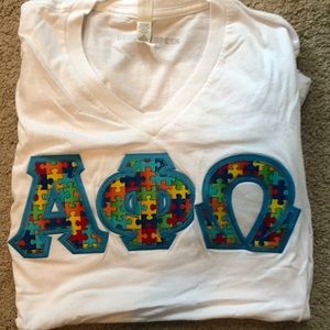 White V-neck fraternity shirt
